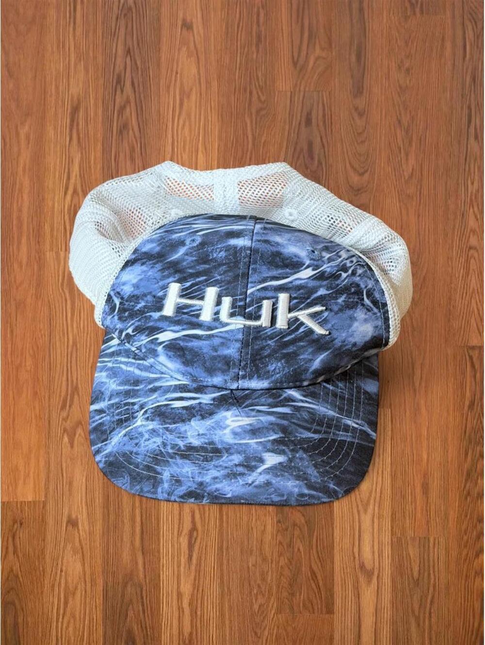 HUK Performance Fishing Hat Cap Blue White Marbled Trucker Snapback Adjustable
